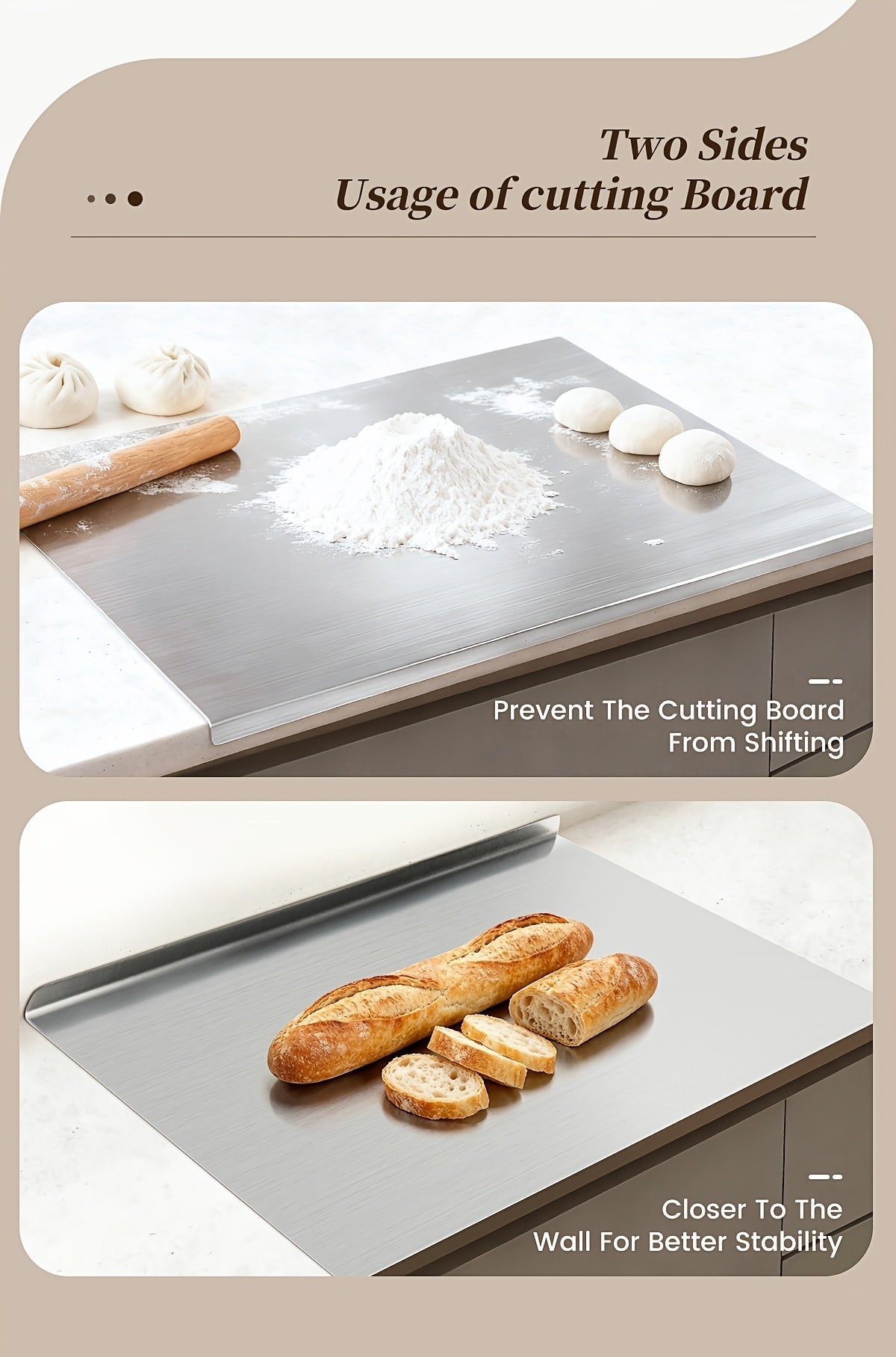 304 Stainless Steel Cutting Board Rust-Proof Non-Porous Butcher Block Kitchen Prep Board Dishwasher Safe Easy to Clean 3 Sizes for Meat Vegetables Fish Bread Cheese