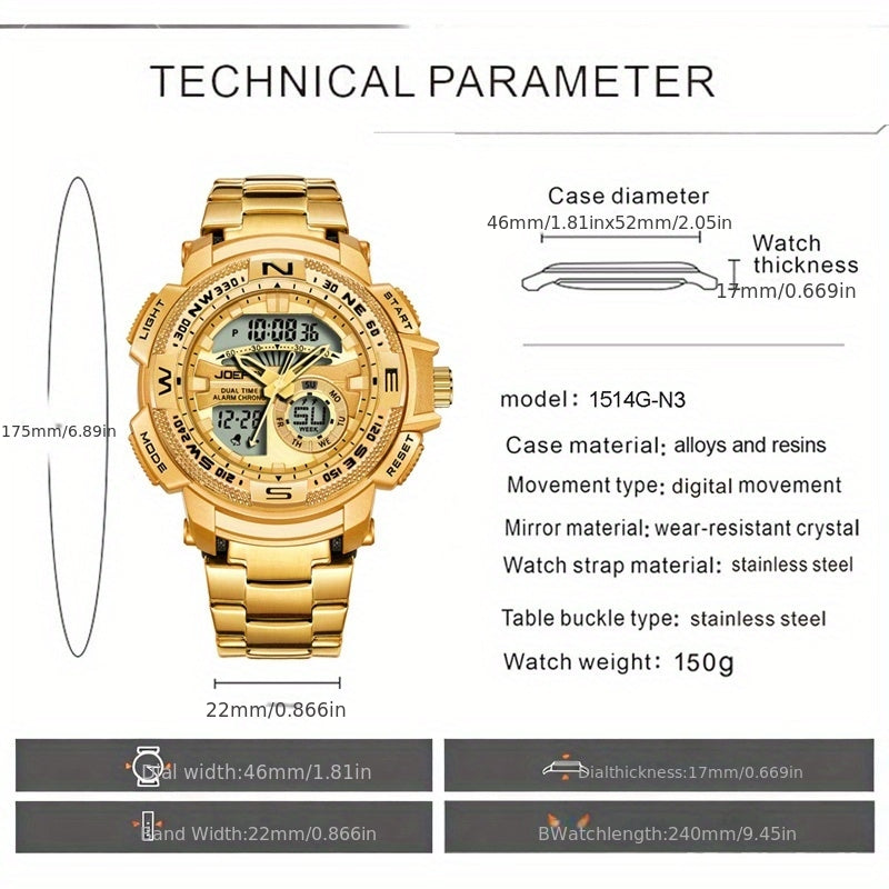 Dual Display Sport Watch for Men Large Face – LED Night Light 3ATM Waterproof Chronograph Alarm Calendar Field Military Style Wristwatch Gold Silver, Perfect Gift for Him