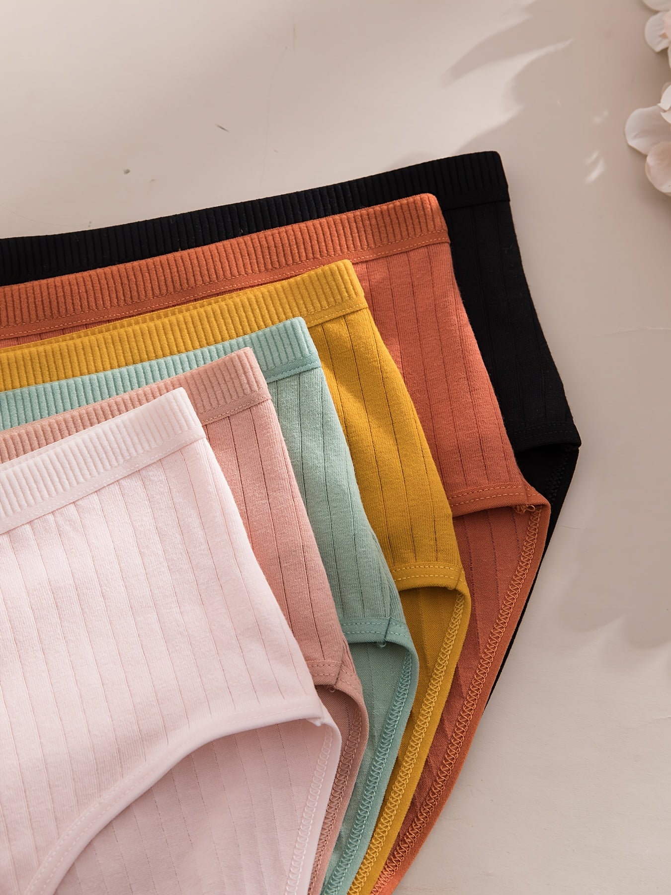 6-Pack Ribbed Thong Panties – Women's Soft Breathable Mid-Waist Triangle Underwear, Rib-Knit Texture, Solid Colors, Maternity-Friendly Everyday Panties