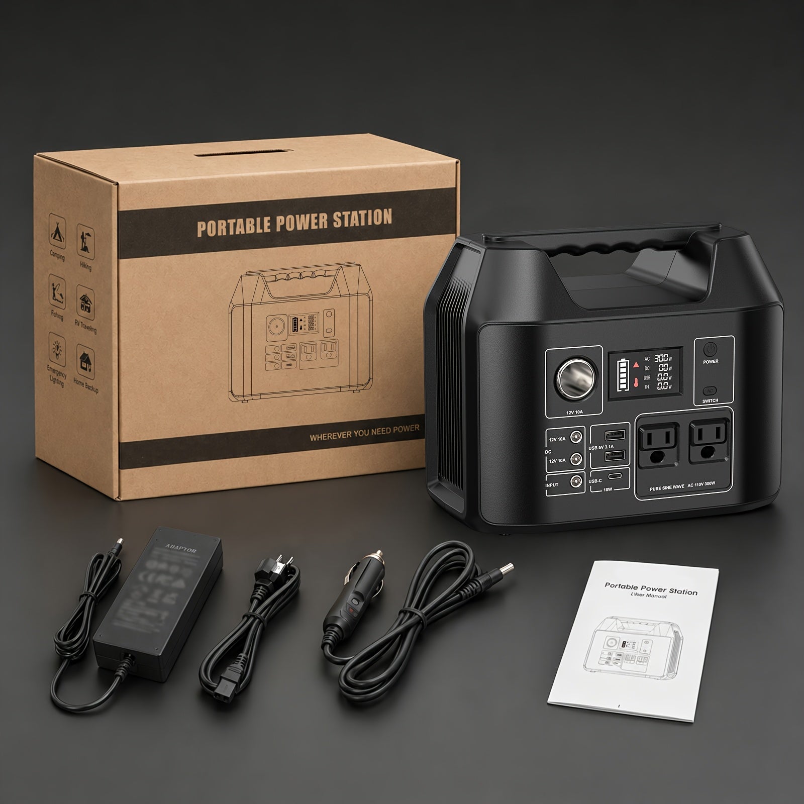 Portable Power Station 100W 300W Solar Generator AC Outlet USB QC3.0 Fast Charge DC Port LED Flashlight High Capacity Battery Pack for Camping Hiking CPAP Emergency Backup Power