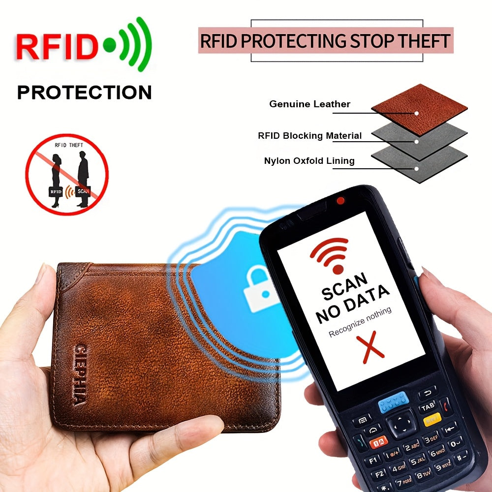RFID Blocking Genuine Leather Wallet Men Trifold Cowhide Vintage 9 Card Slots 2 ID Windows Money Clip Cash Slots Father's Day Birthday Gift for Dad Husband Brown Black Blue