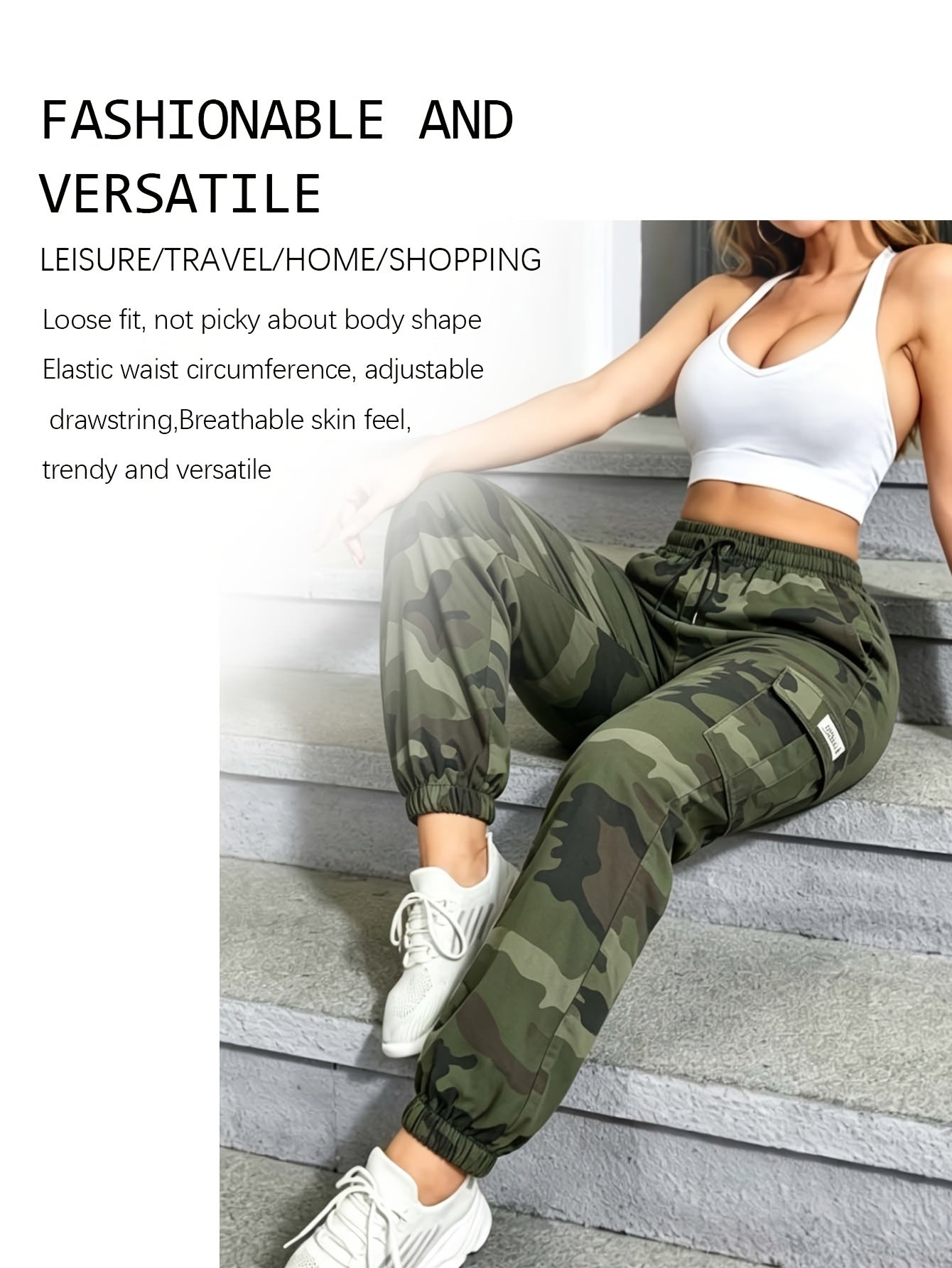 Women's Camo Cargo Pants Lightweight Breathable Hiking Outdoor Casual Long Pants – Multi-Pocket Elastic Waist, Sizes XS-XXL, Camouflage Khaki Black Army Green Grey
