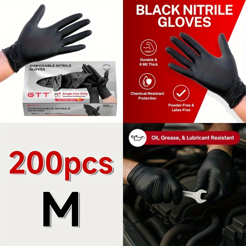 Black Nitrile Disposable Gloves 200 Count – 6 Mil Thick, Latex-Free, Powder-Free, Chemical Resistant, Flexible Form-Fitting, S/M/L/XL for Mechanic, Maintenance, Cleaning, Food Service & Medical Use
