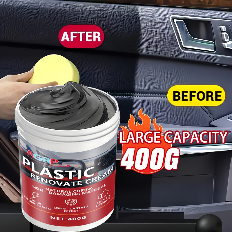 Car Plastic Trim Restorer Wax 400g – High Gloss UV-Resistant Polish for Dashboard Bumper Tire & Exterior Trim, Anti-Fade Interior & Exterior Car Detailing Paste, Non-Greasy Fast-Drying