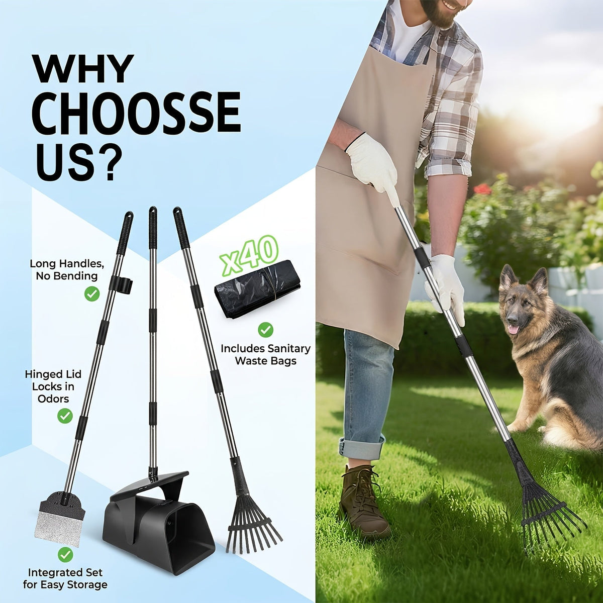 Heavy Duty Dog Pooper Scooper Set with Swivel Bin, Rake & Spade – Long Handle No-Bend Pet Waste Removal for Grass, Dirt & Gravel, 40 Waste Bags Included, Large Dogs