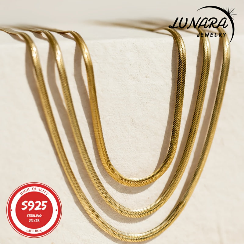 24K Gold Plated 3.5mm Herringbone Snake Chain Necklace – 925 Sterling Silver Flat Chain Lobster Clasp Gift Box Included for Women Men 18–24 Inch Layering Jewelry