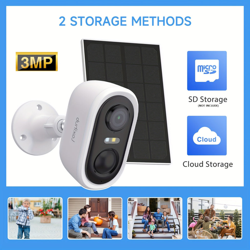 Solar Powered Outdoor Security Camera 3MP 1296P FHD – Wire-Free AI Motion Detection Spotlight IP65 Weatherproof Color Night Vision Two-Way Audio WiFi CCTV with Cloud & SD Storage