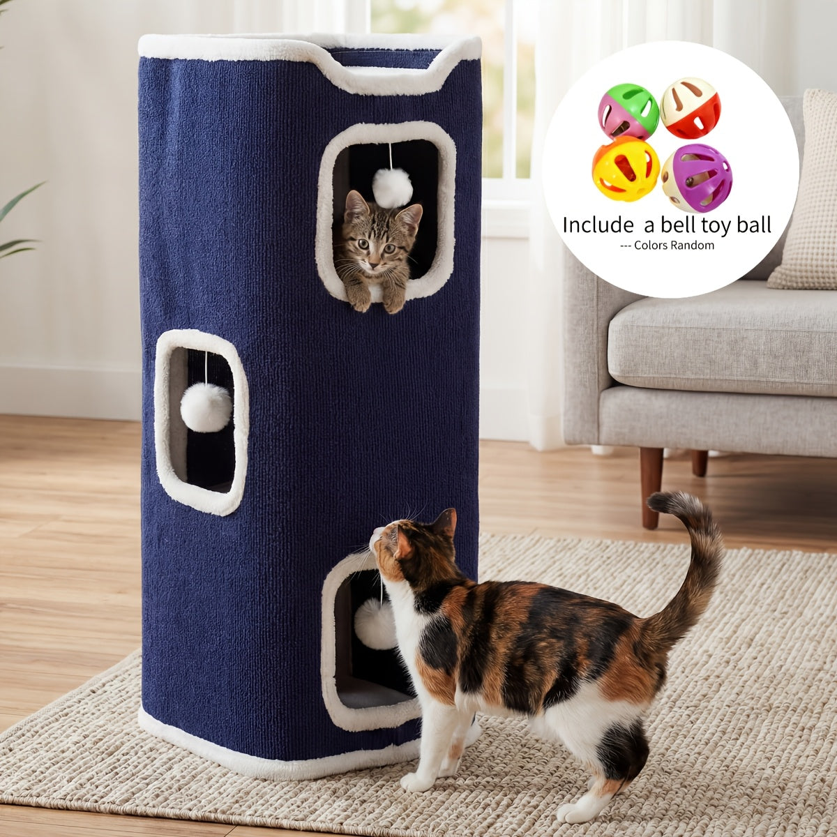 Multi-Level Foldable Cat Tree Tower for Indoor Cats Scratching Post Cozy Perch Cat Condo with Hanging Toy Ball & Hideaway – Soft Bed, 1/3/4 Tier Options, Light Gray Dark Blue Camel