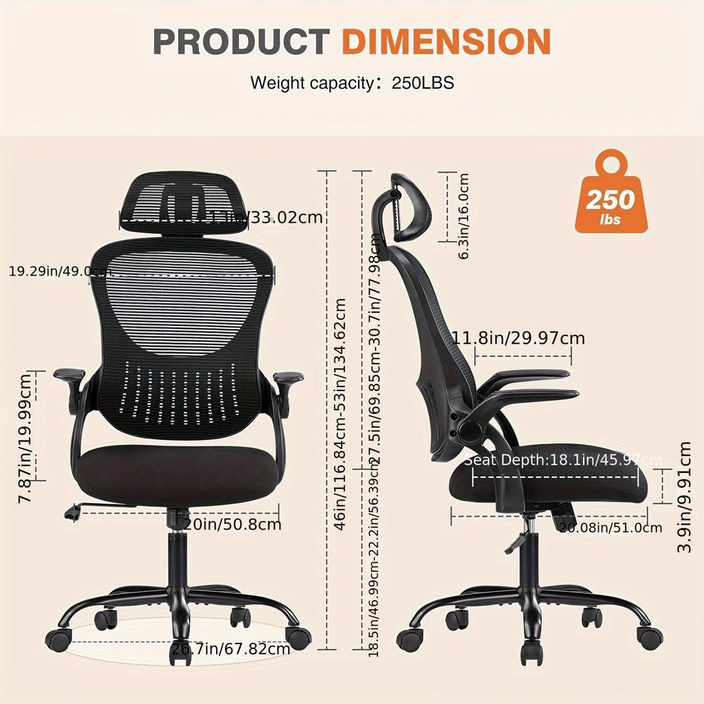 Ergonomic High Back Mesh Office Chair with Adjustable Headrest, Lumbar Support & Flip-Up Armrests – Stainless Steel Frame, Padded Seat, 5-Wheel Rolling Base – Home Office, Lab & Desk Chair (Black/Gray)