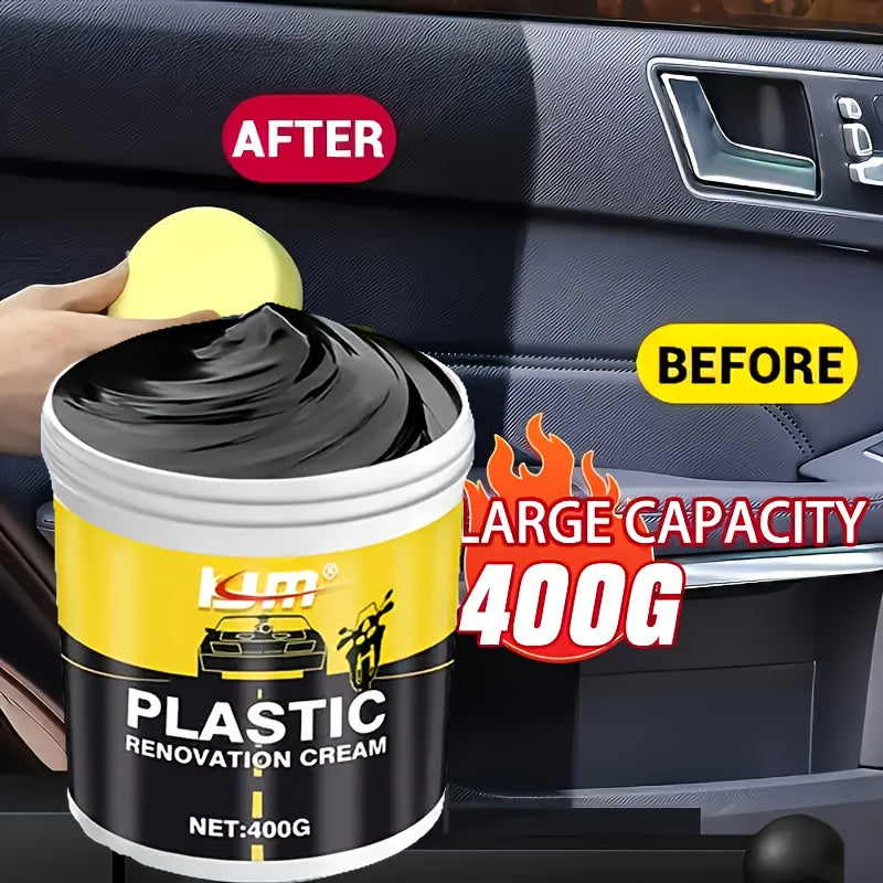 Car Plastic Rubber Repair Cream All-in-One Trim Restorer Scratch Remover Tire Shine Wax Anti-Cracking Anti-Aging UV Protection Formula for Interior Exterior Car Detailing Includes Sponge