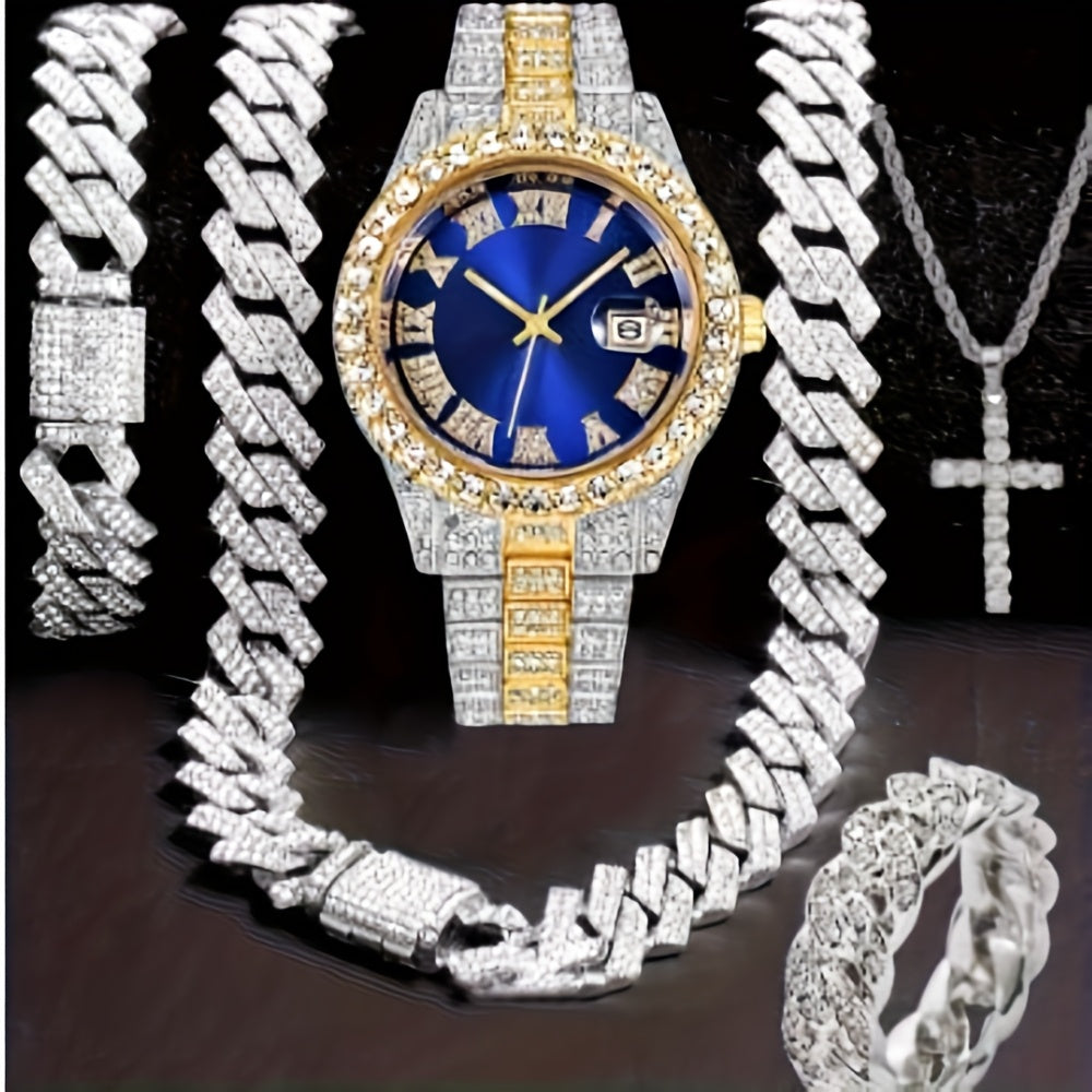 Men's Hip Hop Watch & Jewelry Set - Cuban Chain Pendant Necklace Bracelet Combo, Trendy Bling Accessories for Men, Perfect Gift for Christmas Birthday Valentine's Day Father's Day