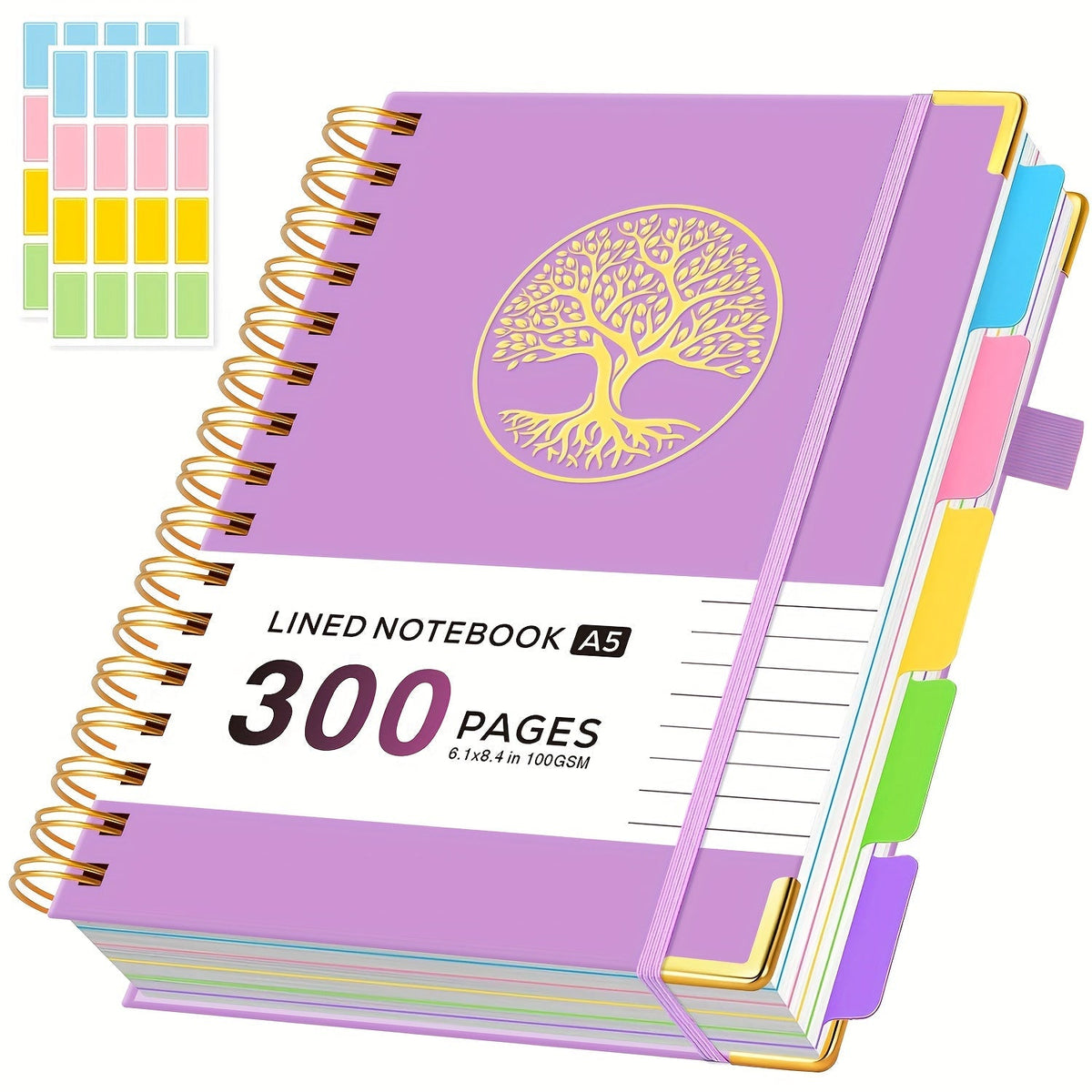 A5 Hardcover 5-Subject Spiral Notebook 300 College-Ruled Pages with Removable Divider Tabs Built-In Pocket 6.1x8.4 Inch Lined Journal for Students Work School Note Taking Purple Green Pink Black