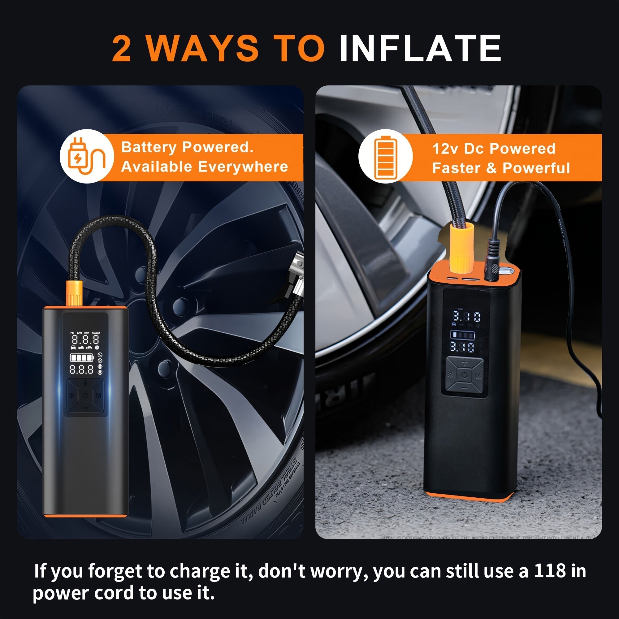Portable Tire Inflator 150 PSI Wireless Air Compressor 6000mAh Battery 12V Cord Digital Gauge Auto Shut-Off LED Light 4 Preset Modes for Car Motorcycle Bike Ball Road Trip