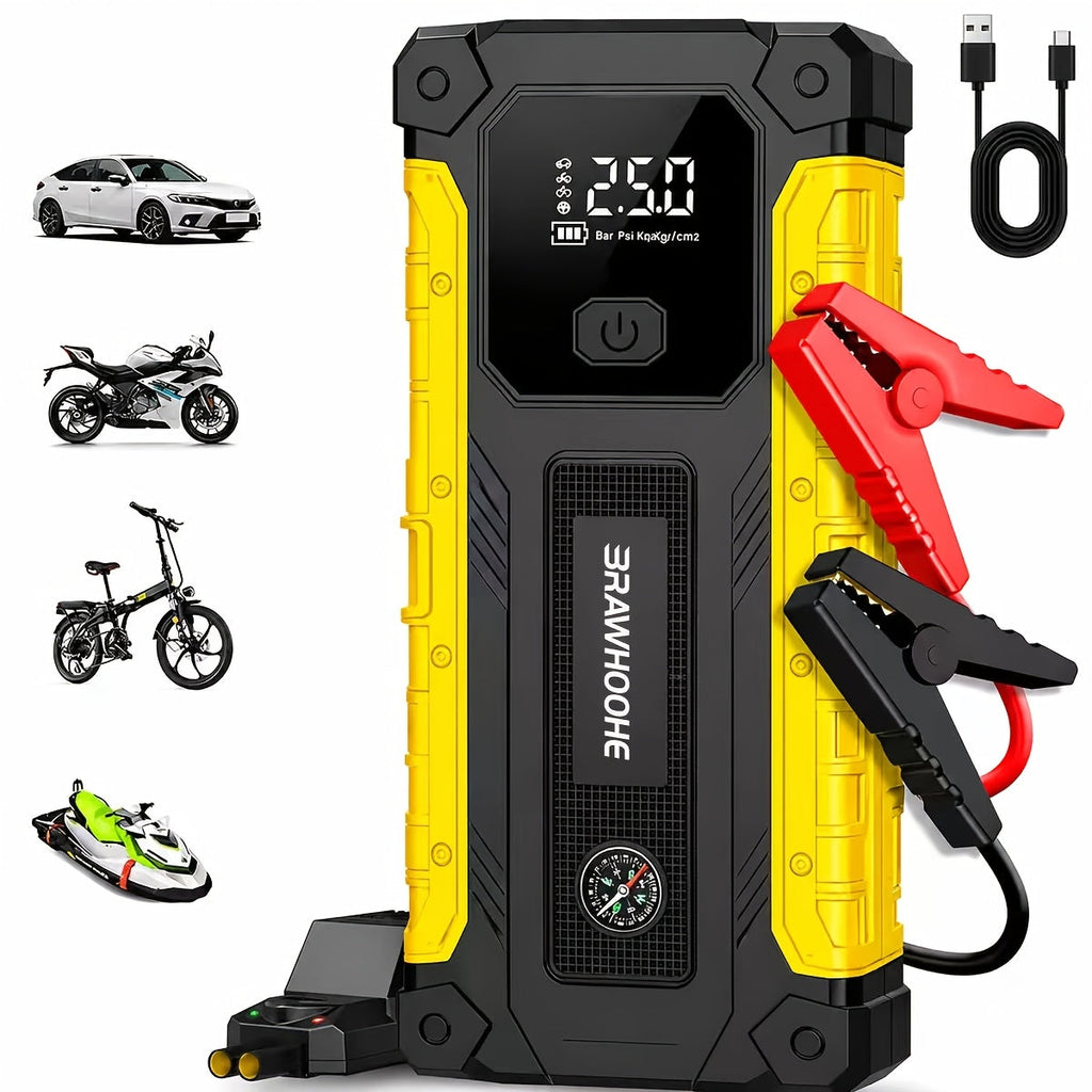 3000A Car Jump Starter 9-in-1 with Built-In Tire Inflator, USB Ports & LED Emergency Light – 12V Portable Wireless Battery Booster for Cars, Trucks & SUVs – Roadside Emergency Tool – Velora