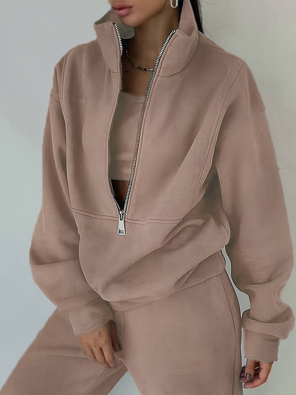 Fleece Two-Piece Set Women Sporty Street Casual Sweatshirt Pants Soft Cozy Matching Loungewear 10 Colors Pink Blue Black Purple Olive Green S-XXL