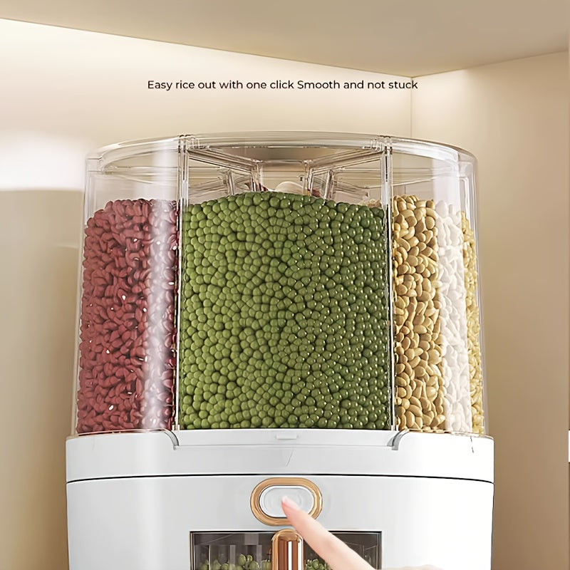 Rotating Cereal Dispenser 6-Grid Large Capacity Airtight Rice Storage Container, Moisture-Proof Insect-Proof Grain Dispenser with Transparent Window & Press Button, Food-Grade PP for Rice Grains Flour