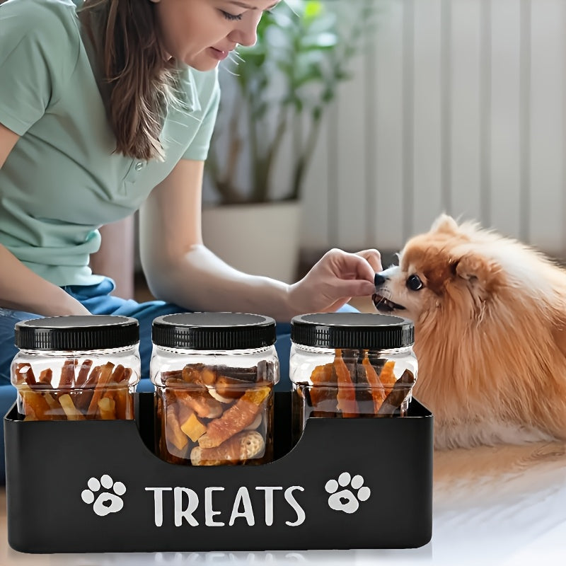 3-Piece Airtight Pet Snack Jar Set – Farmhouse Style Plastic Pet Food Storage Containers for Dog & Cat Treats, Durable Sealed Treat Jars, Black Set