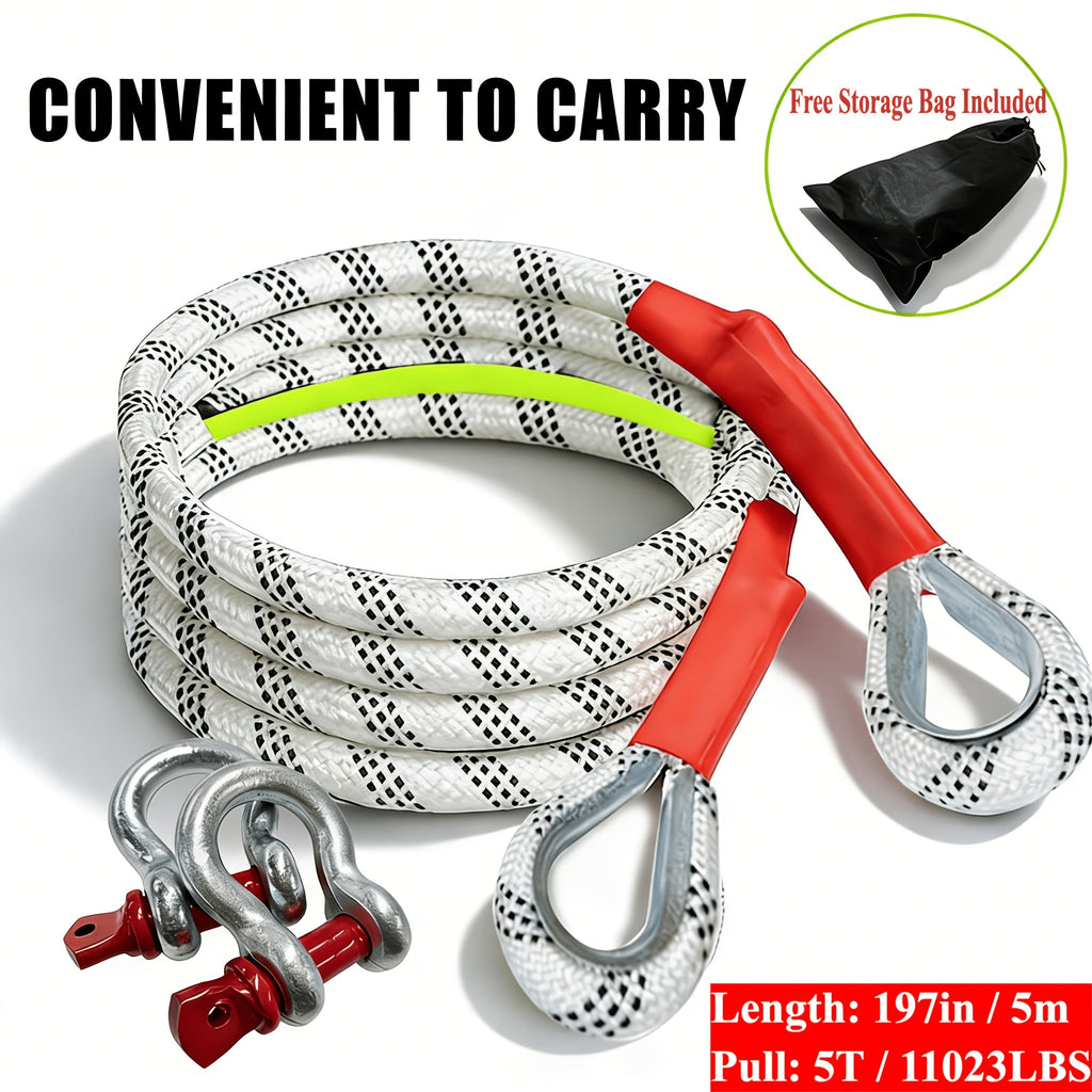Heavy Duty Tow Rope and Hook Combo Set 196.85 Inch Nylon Recovery Rope 5 18 20 Ton with 2 Steel U-Hooks and Storage Bag Off-Road Vehicle Recovery for Truck SUV UTV ATV Jeep 3 Size Options