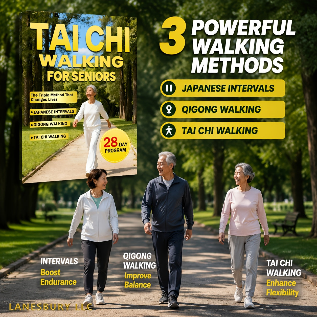Tai Chi Walking for Seniors Book – 28-Day Triple Method for Gentle Weight Loss with Japanese Interval Walking & Qigong, Low-Impact Fitness Guide for Older Adults