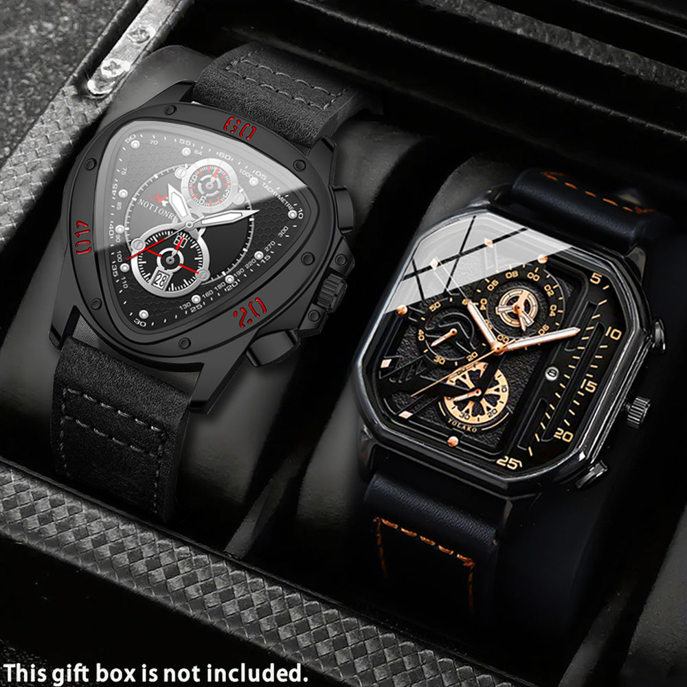 2pcs Men's Watch Set Sports Triangle Dial Silicone Strap and Retro Square Dial Quartz Watches with Date Display Dress Watch for Casual Valentine's Father's Day Gift