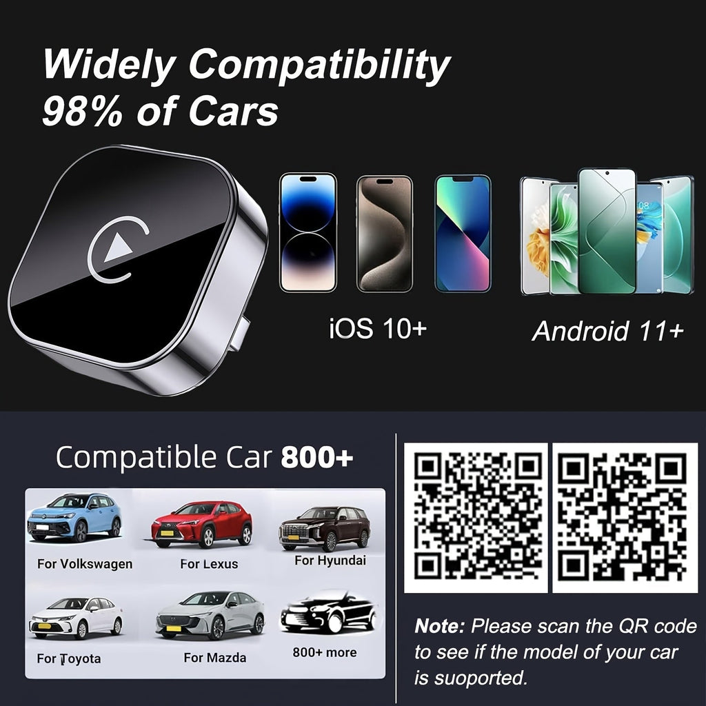 Wireless CarPlay Adapter 2026 Upgraded Mini Dongle 2-in-1 iPhone Android Auto Convert Wired to Wireless USB-A USB-C Dual-Band Low Latency Auto Connect FCC Certified