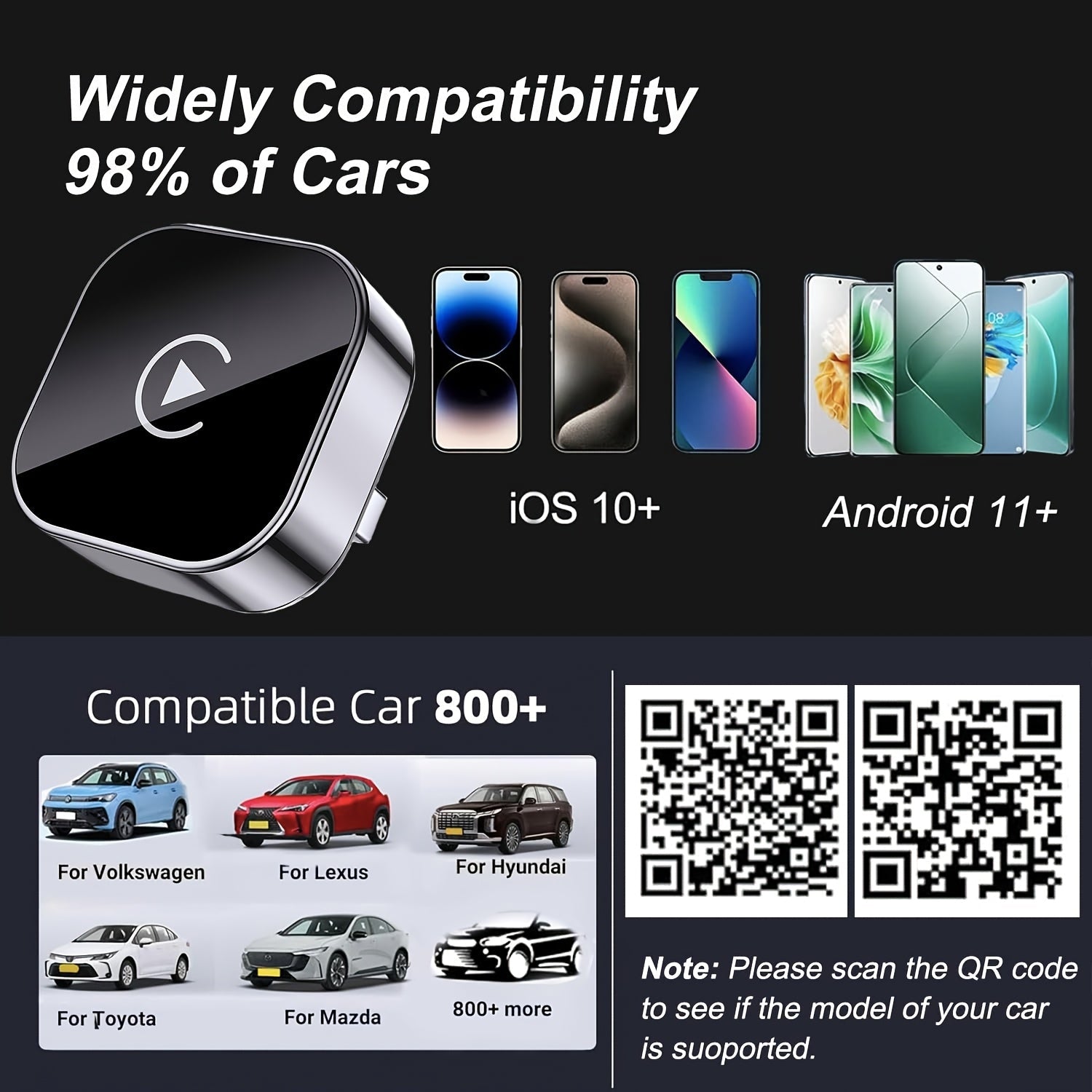 Wireless CarPlay Adapter 2026 Upgraded Mini Dongle 2-in-1 iPhone Android Auto Convert Wired to Wireless USB-A USB-C Dual-Band Low Latency Auto Connect FCC Certified