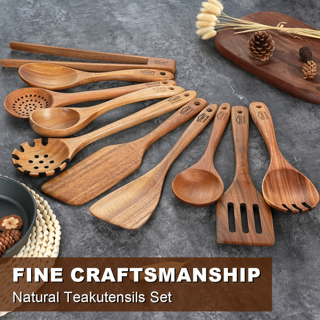 10-Piece Natural Teak Wooden Kitchen Utensils Set - Cooking Spoons, Spatulas & Shovel, Non-Stick Safe, Heat Resistant, Eco-Friendly Wood Cookware Tools for Home Kitchen