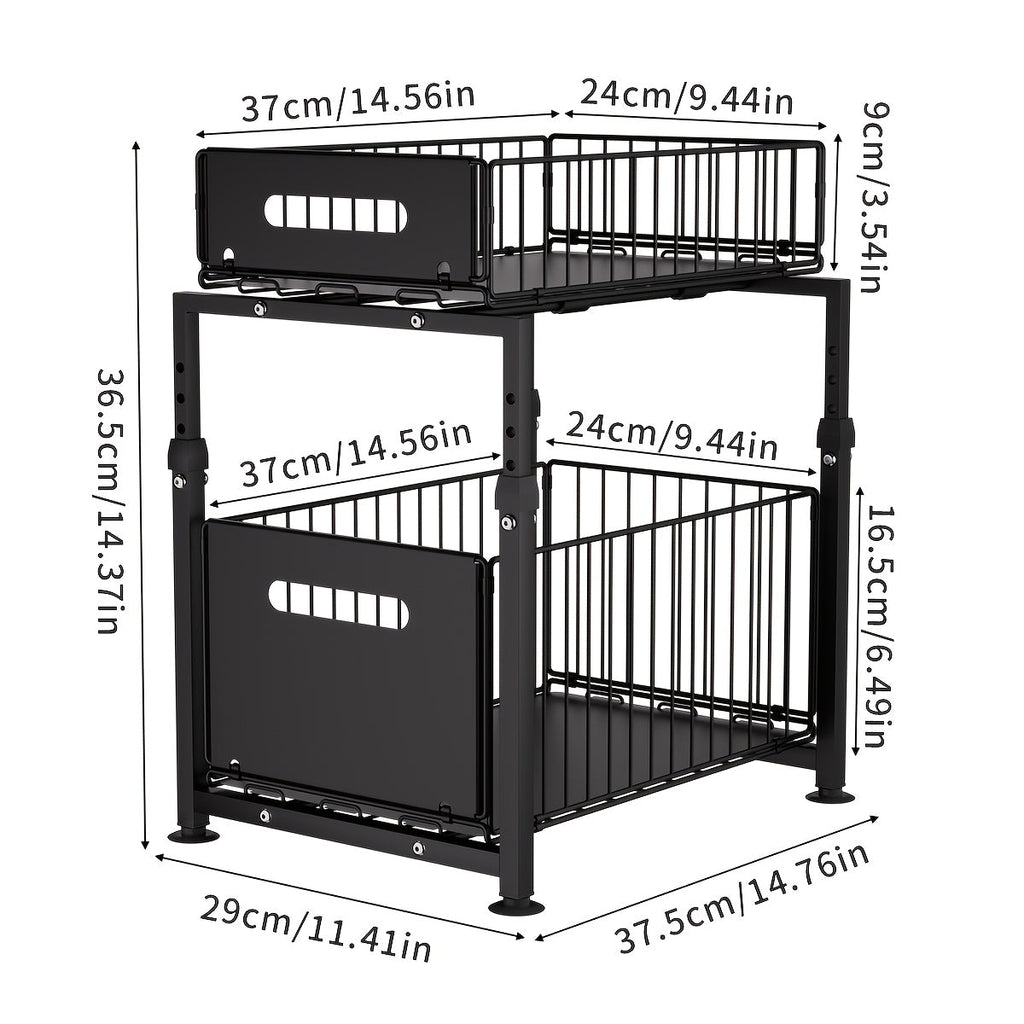 Under Sink Organizer 2-Tier Pull-Out Cabinet Shelf with Adjustable Height, Sturdy Carbon Steel Kitchen Storage Rack, Space-Saving Bathroom & Pantry Cabinet Organizer for Kitchen Organization