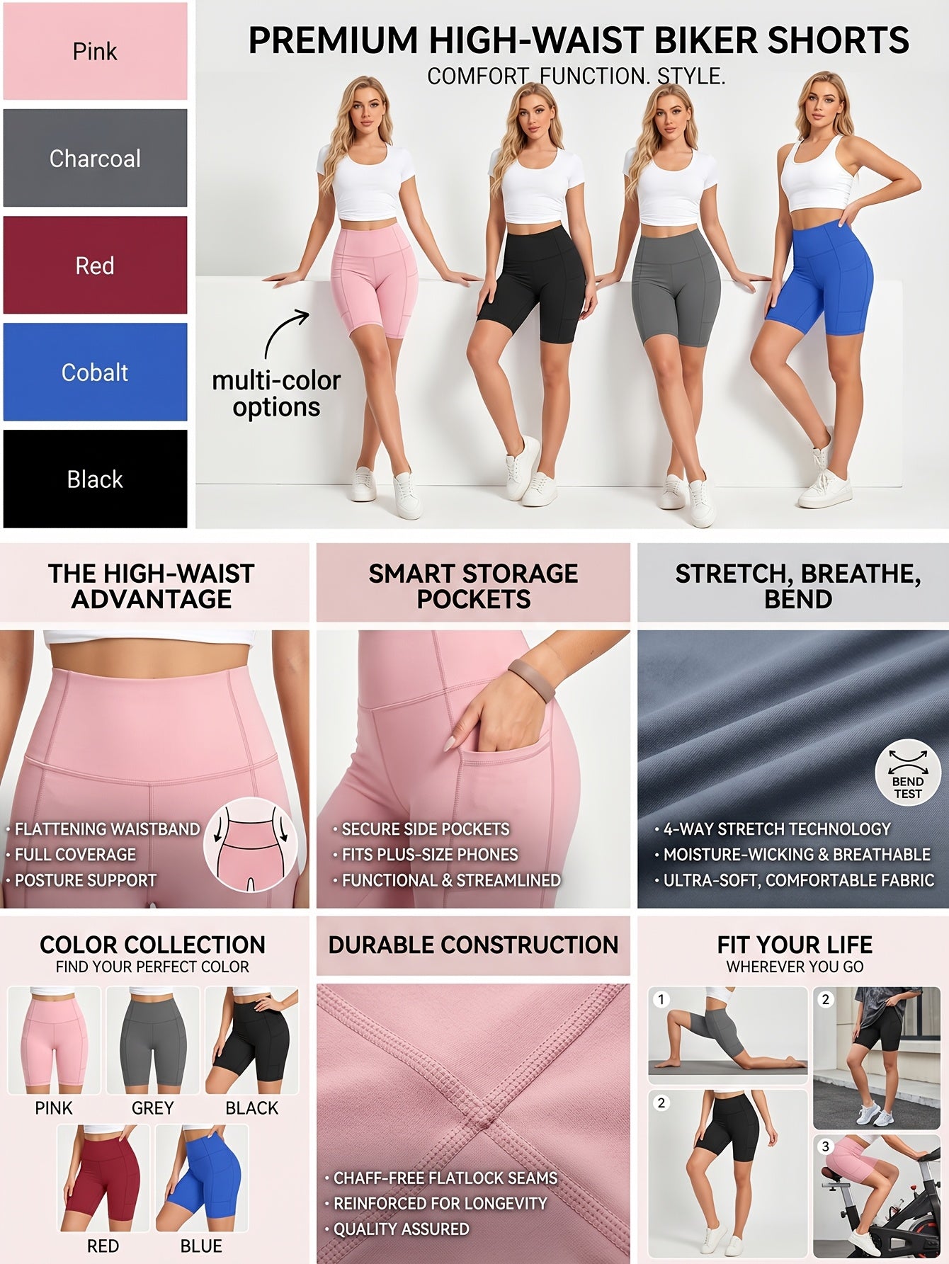 Women's High-Waisted Cycling Shorts 5-Pack with Pockets Mixed Colors – Stretch Polyester Yoga Gym Running Workout Shorts for Active Women Sizes M to XXL