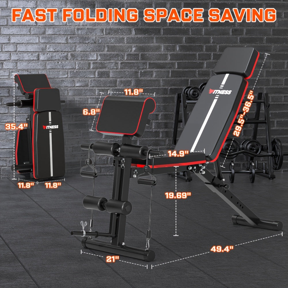 Foldable 6-in-1 Adjustable Weight Bench 770 LBS Home Gym – Flat Incline Decline Strength Training with Resistance Bands Preacher Curl Pad & Leg Developer for Full Body Workouts
