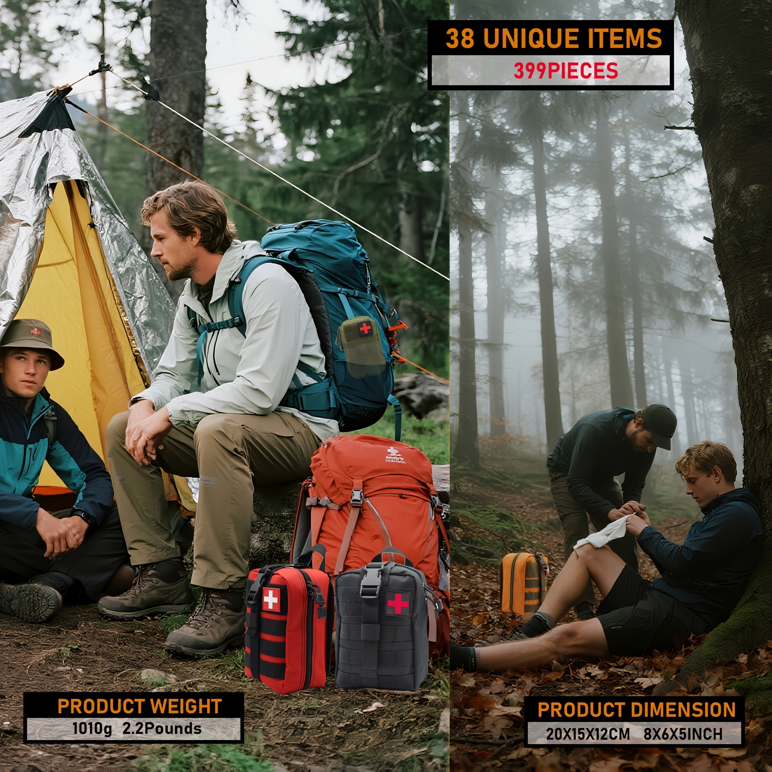 Professional First Aid Kit 399 Piece & 99 Piece Survival Gear Emergency Kit for Hiking Camping Hunting Car Travel – Includes Scissors Tweezers Splints – Gift for Men