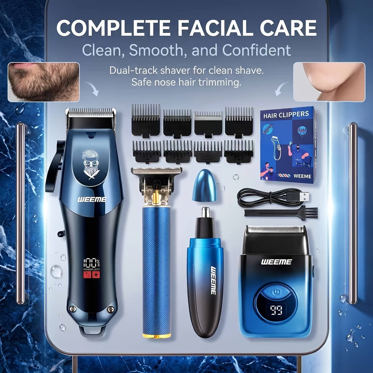 Men's Electric Hair Clipper Grooming Set USB Rechargeable Cordless Nose Hair Trimmer Shaver 2-Piece 4-Piece 5-Piece Professional Lithium Battery Father's Day Birthday Gift Golden Blue