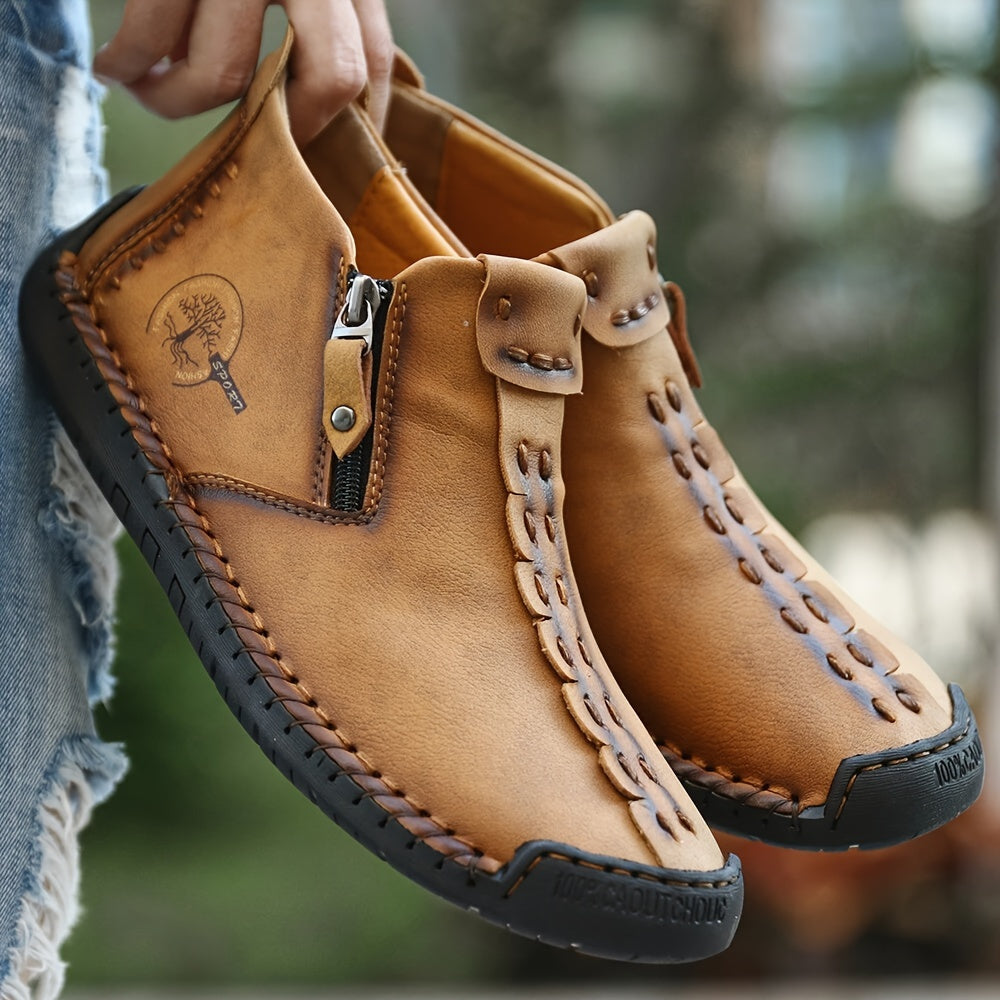 Men's Ankle Boots Hand-Stitched Casual Loafers Slip-On Outdoor Work Shoes for Men – 4 Colors, Sizes US 7.5-12.5, Durable Non-Slip Sole