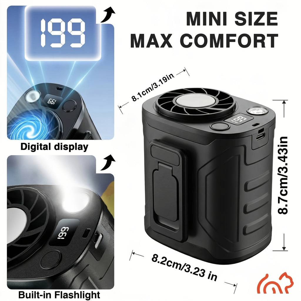 Portable Neck & Waist Fan 18000RPM Brushless Motor – 199-Speed Adjustment, 5000mAh Battery, LED Power Display, Hands-Free Wearable Cooling Fan for Outdoor Work, Camping, Fishing, Hiking & Travel