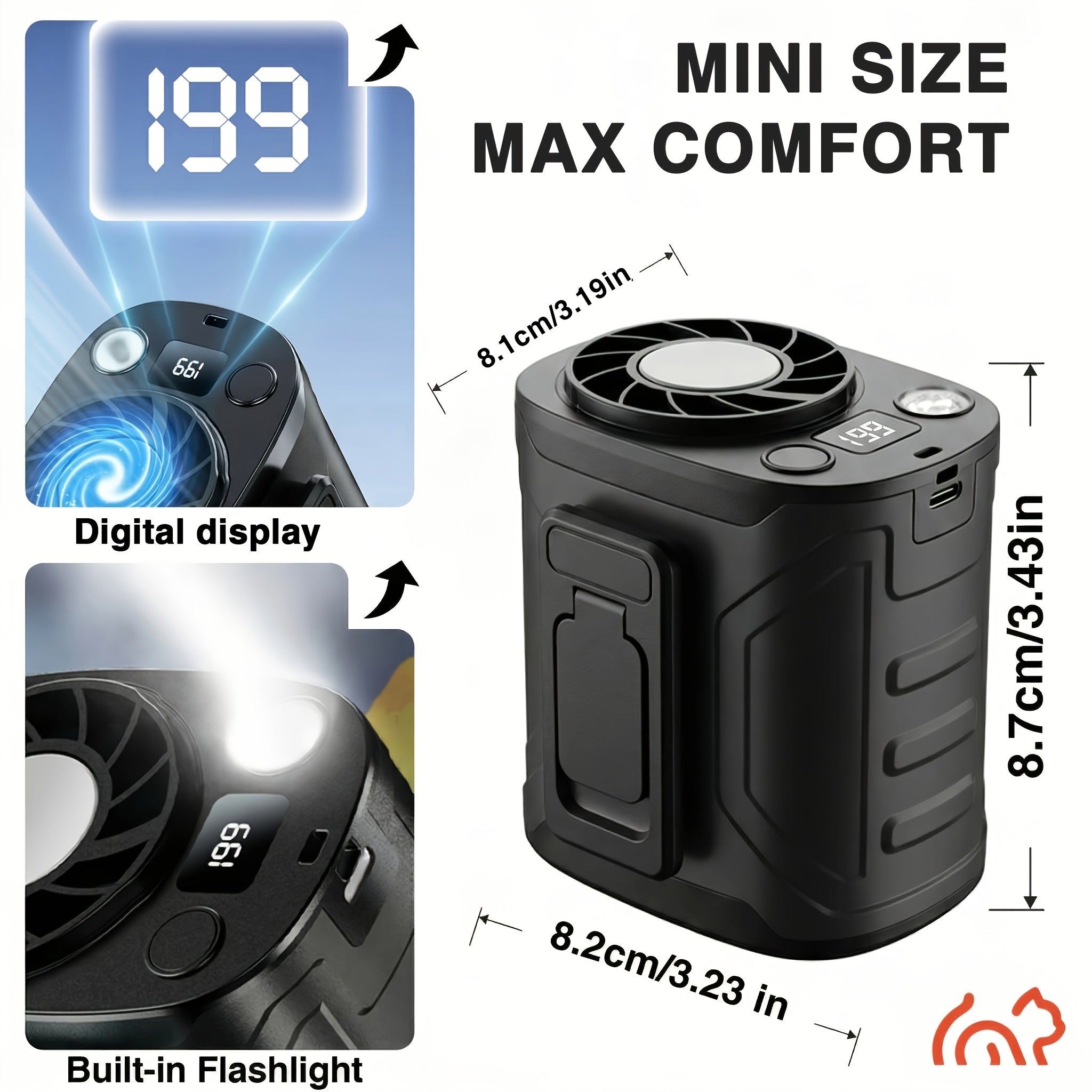Portable Neck & Waist Fan 18000RPM Brushless Motor – 199-Speed Adjustment, 5000mAh Battery, LED Power Display, Hands-Free Wearable Cooling Fan for Outdoor Work, Camping, Fishing, Hiking & Travel