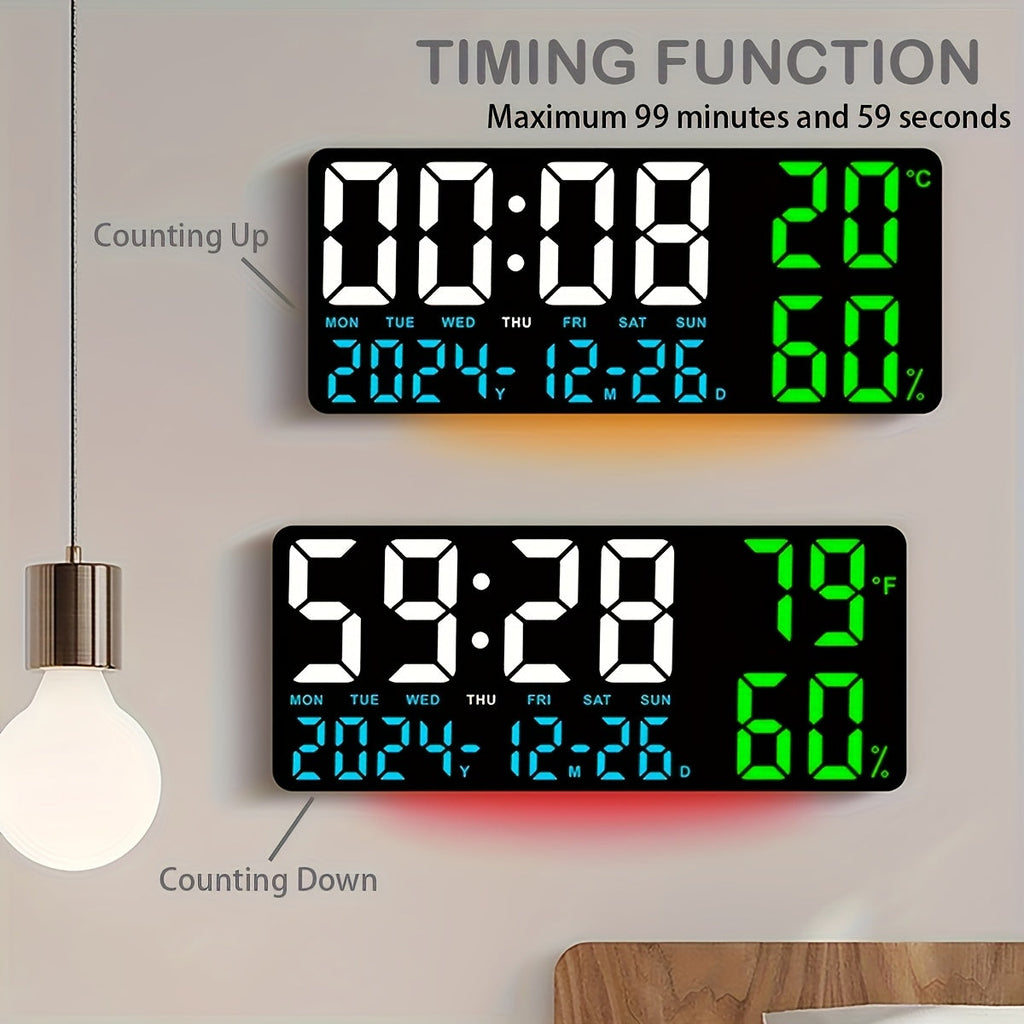 Large Screen LED Alarm Clock with Auto-Dimming Remote Control – 15 Inch Digital Clock Displays Time, Date, Week, Temperature & Humidity – Bedroom Bedside Clock for Seniors, Living Room, Office Desk
