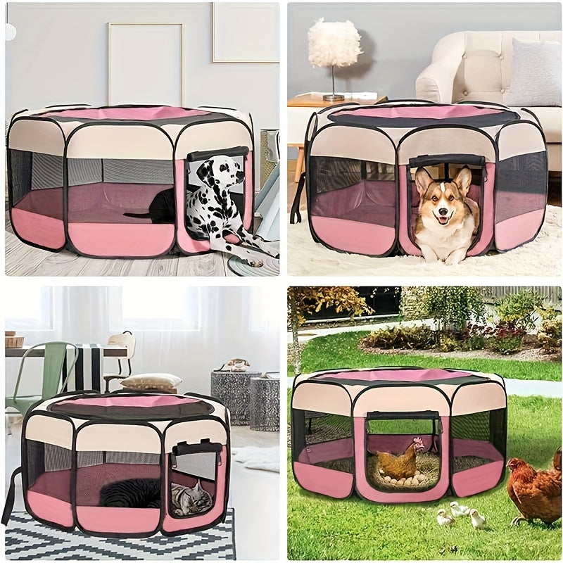 Octagonal Pet Playpen Tent Foldable Oxford Fabric - No Assembly Indoor Outdoor Dog Cat Enclosure Kennel Maternity Room M L XL Blue & Beige, Portable Collapsible Pet Exercise Pen