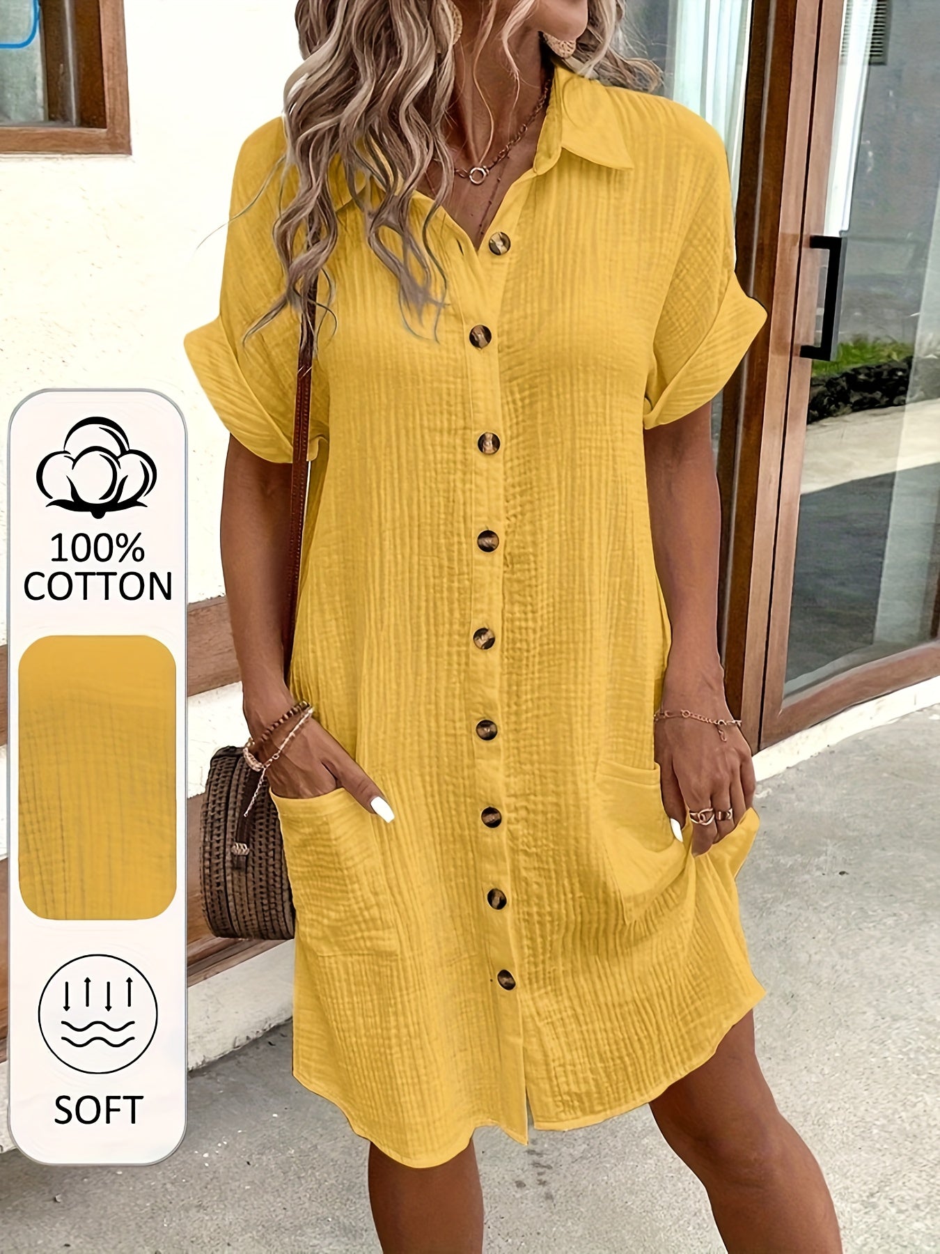 Women's V-Neck Short Sleeve A-Line Shirt Dress – Button-Front Soft Breathable Casual Semi-Formal Blouse Dress 5 Colors White Black Green Blue S-XXL