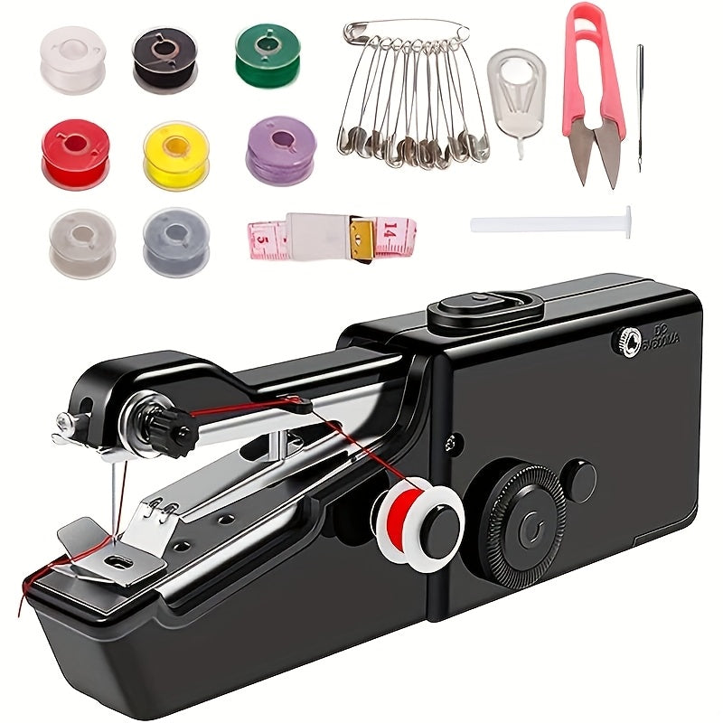 Portable Cordless Mini Sewing Machine with Accessory Kit – Lightweight Handheld Stitching Tool for Beginners Quick Fabric Repairs Hemming Patching and DIY Crafts – Battery USB Powered White or Black