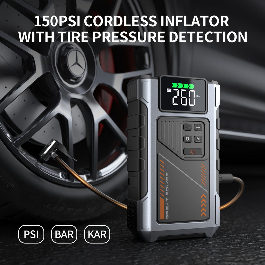 8000A Portable Jump Starter with Air Compressor 12V Battery Booster for 8.0L Gas 6.5L Diesel Engines USB Charging Ports LED Flashlight Jump Box for Cars Trucks SUVs Motorcycles