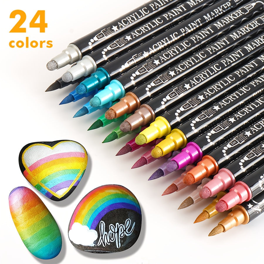 24 Metallic Acrylic Paint Markers Dual Tip – Brush Tip & Dot Tip Waterproof Permanent Paint Pens for Rock Painting, Ceramic, Wood, Canvas, Glass, Stone, Calligraphy & Card Making Crafts