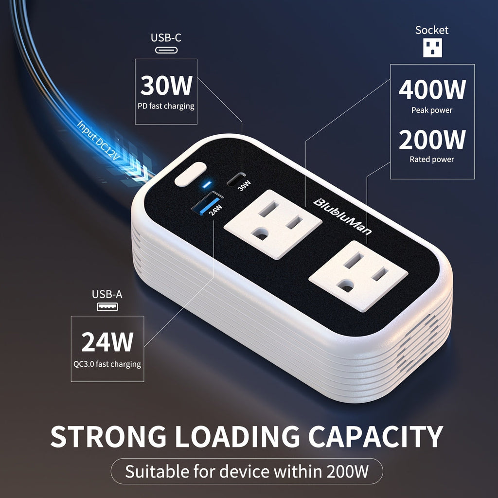 200W Car Power Inverter DC 12V to AC 110V with 30W USB-C PD Fast Charge 24W QC3.0 Car Outlet Adapter for Laptop Phone Tablet MacBook Road Trips Camping Trucks SUVs RVs