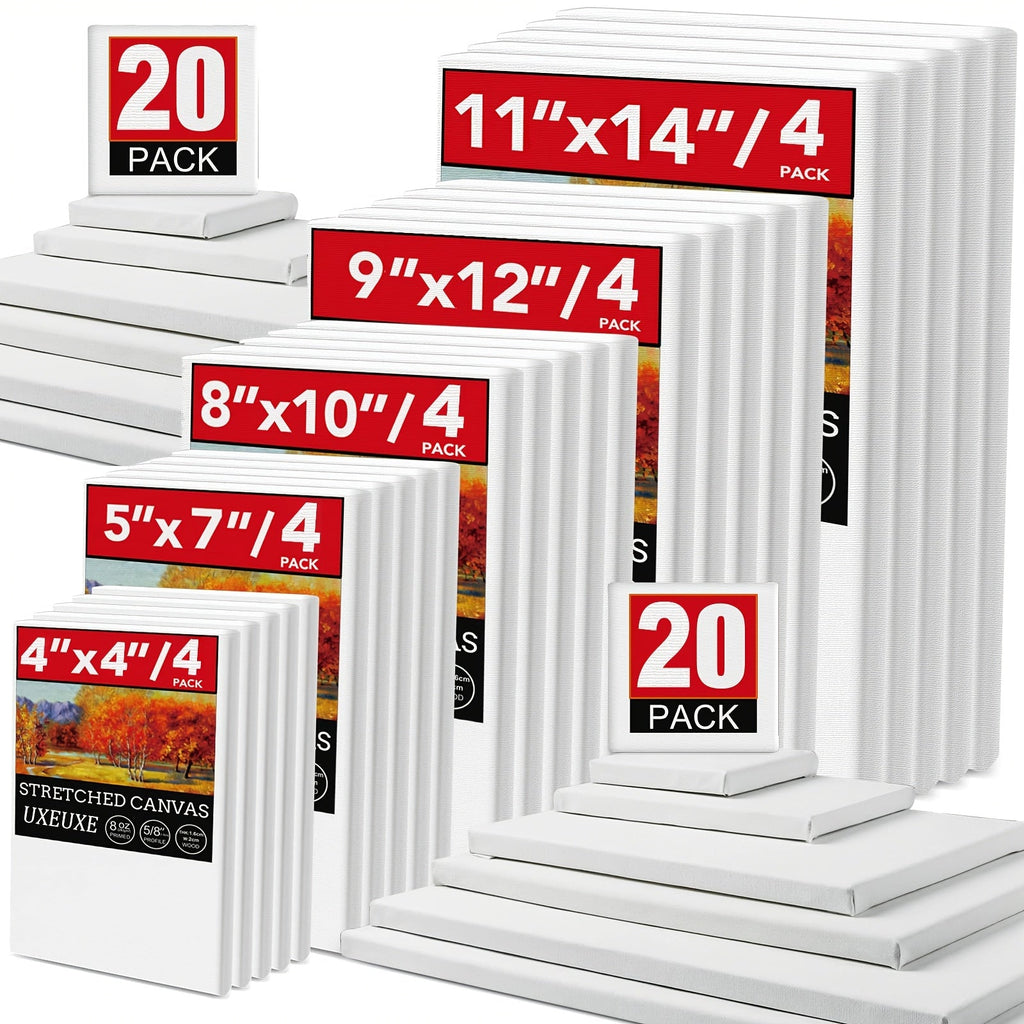 Stretched Canvas Multi-Pack 100% Cotton Primed White – Round Square Rectangular Sets 10 15 20 Pieces for Acrylic Oil Watercolor Painting Pouring Mixed Media Artist Boards Bulk Value Pack