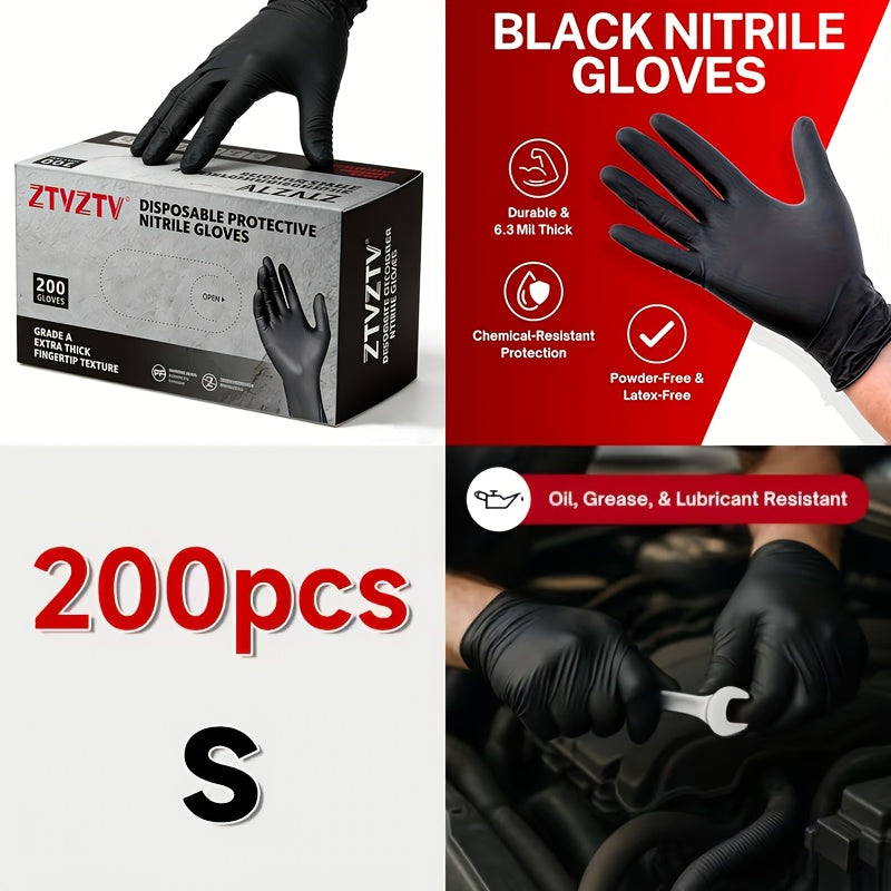 Black Nitrile Disposable Gloves 200 Pack Latex-Free Chemical Resistant High-Density Flexible Fit Industrial Grade for Cleaning Tattooing Painting Car Washing – S M L XL