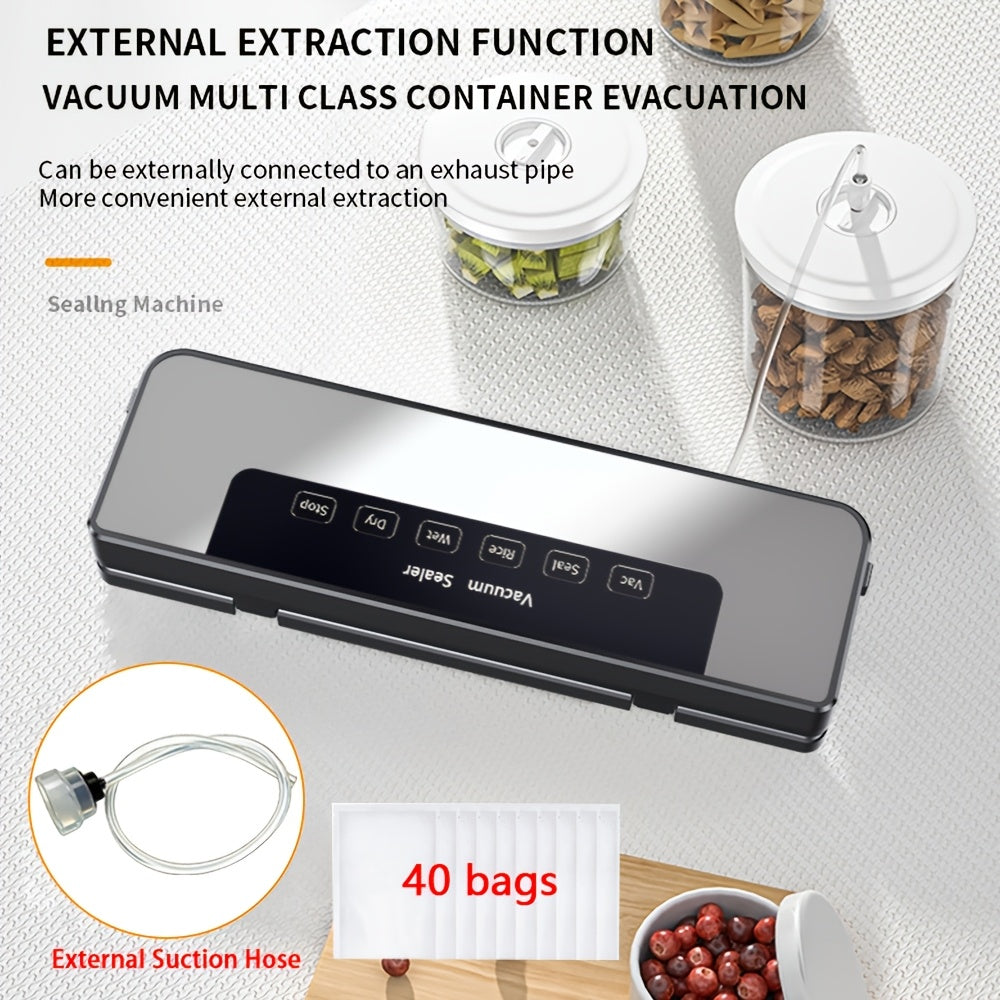 Vacuum Sealer Machine 65KPA 6-in-1 with 40 Free Bags – Wet & Dry Mode, Automatic Food Vacuum Sealing Machine for Food Storage & Preservation, Commercial & Household Kitchen Food Saver with External Hose