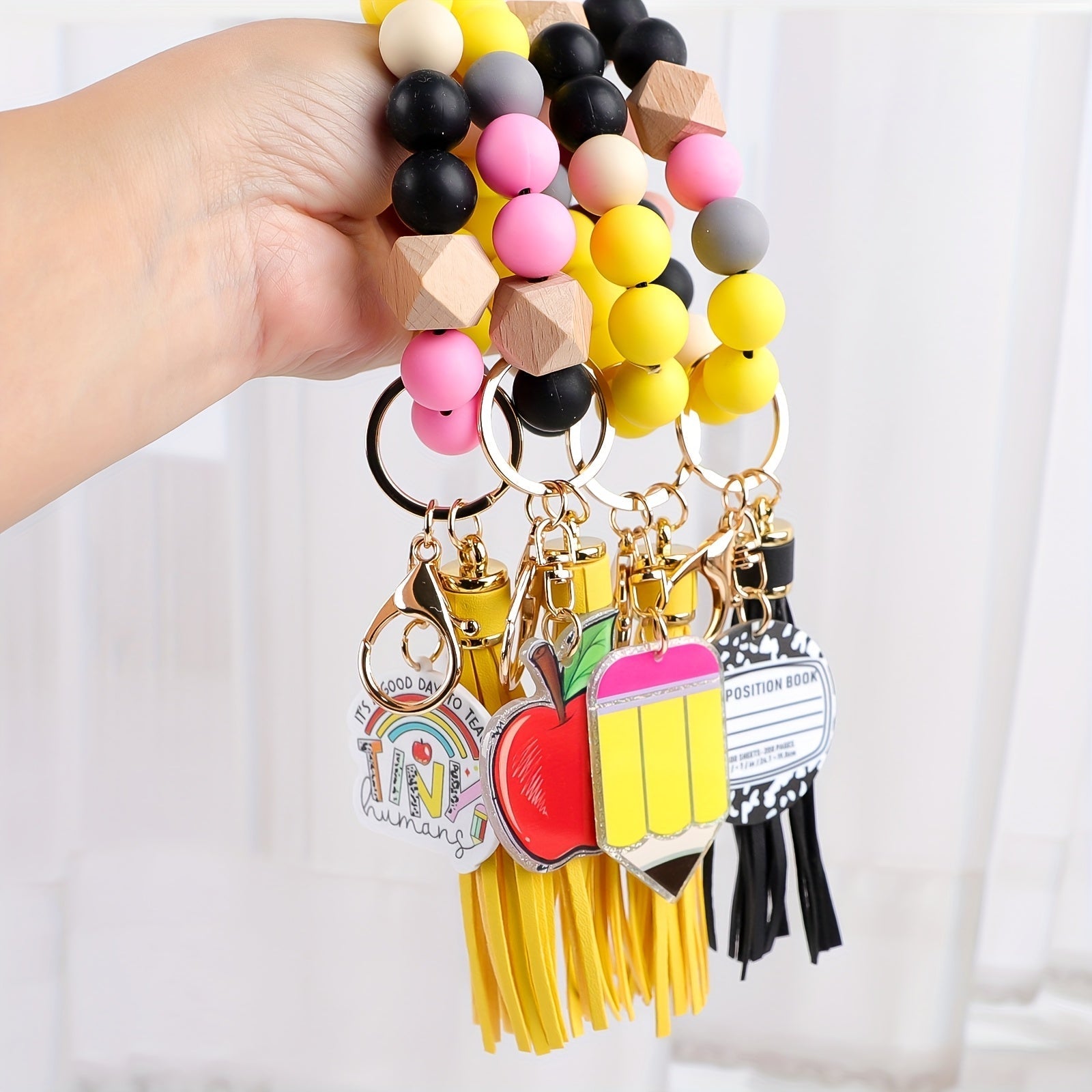 4-Piece Teacher Beaded Keychain Gift Set – Handmade Pencil Apple Notebook TEACH Charm Keychains with Lobster Clasp, Teacher's Day Graduation Back to School Gift, Bag Decoration Pendant