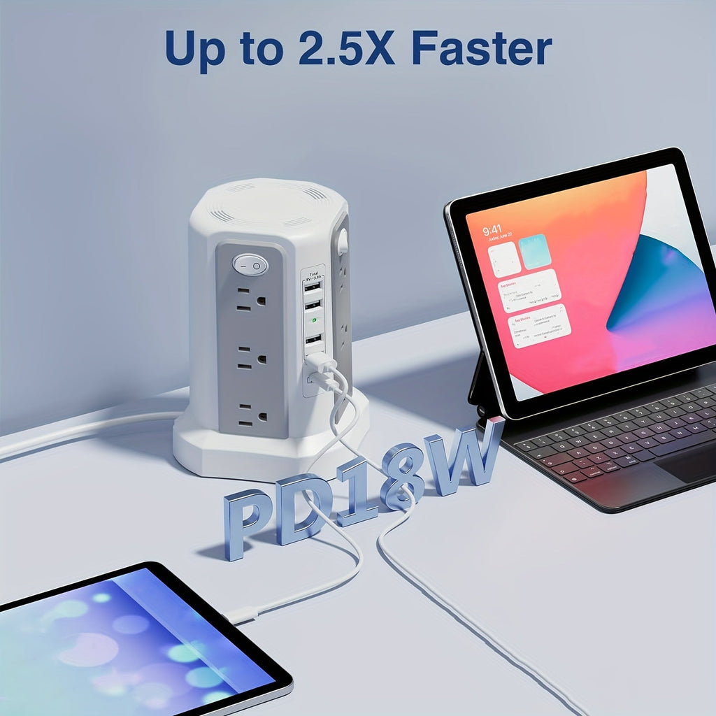 Power Strip Tower 16 AC Outlets 5 USB Ports USB-C PD20W Fast Charging 1500J Surge Protector Flat Plug Desktop Extension Cord for Home Office Dorm Room Workstation 10 Style Options