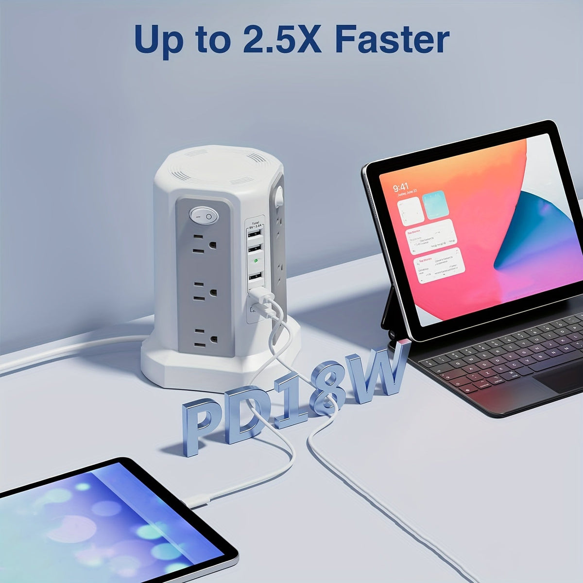 Power Strip Tower 16 AC Outlets 5 USB Ports USB-C PD20W Fast Charging 1500J Surge Protector Flat Plug Desktop Extension Cord for Home Office Dorm Room Workstation 10 Style Options