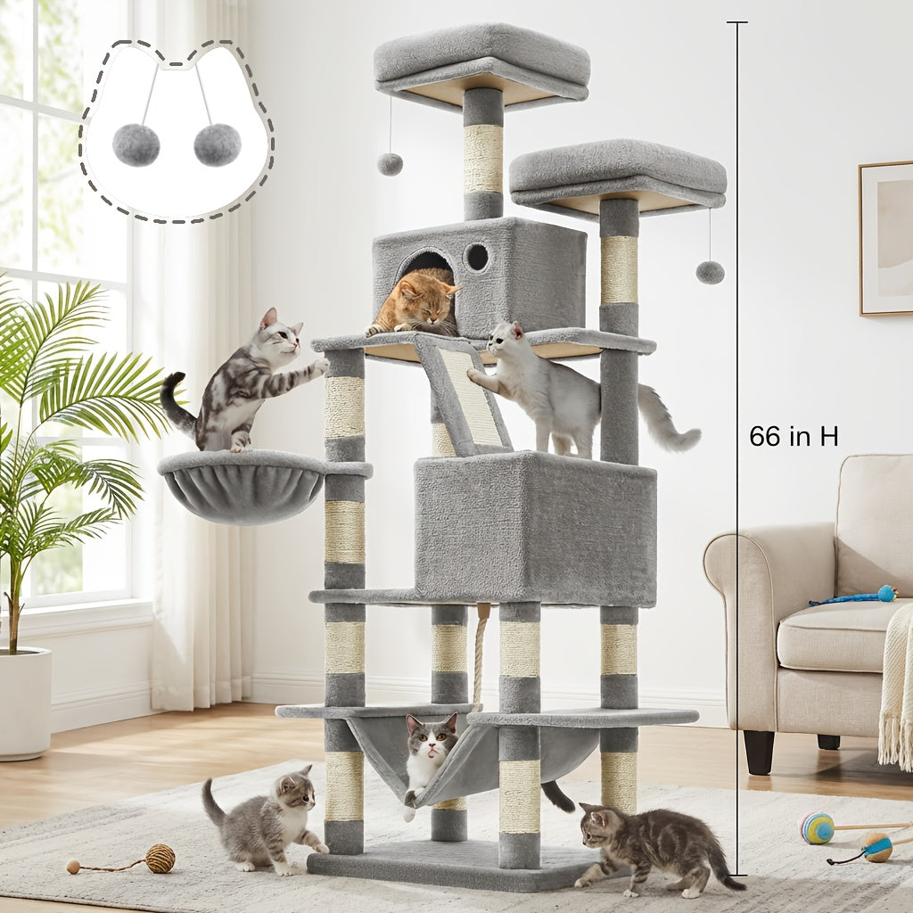 Cat Tree Tower 44 or 66 Inch Multi-Level Hammock Cozy Cave 4 Sisal Posts 2 Perches Anti-Tilt 10-Min Assembly Indoor Cats Kittens Multi-Cat Dark Gray Light Gray White Beige