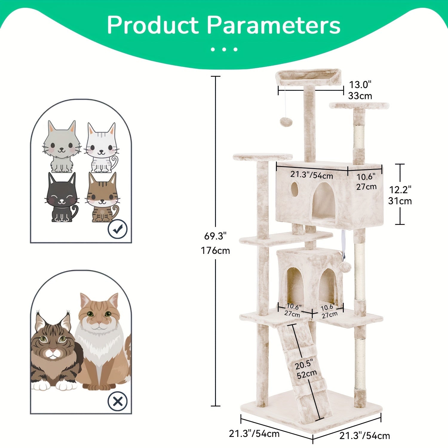 Multi-Level Cat Tree Tower with Scratching Post Perches & Plush Apartments – Space-Saving Indoor Cat Climbing Frame Activity Center, Heights 36-80 Inch, 6 Colors Beige Gray Pink